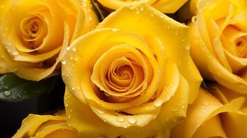 fechar-se do vibrante amarelo rosas com água gotas em suave pétalas foto