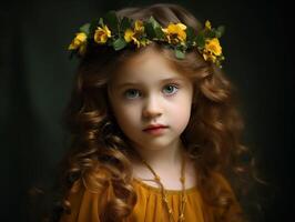 fofa criança pequena menina com flor guirlanda fechar-se. Primavera ou horário de verão conceito foto