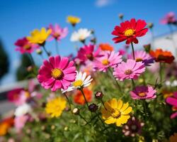 colorida cosmos flores alcançando para a céu em uma brilhante verão dia foto