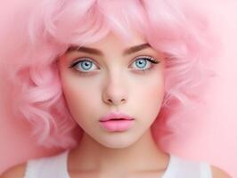 retrato do uma jovem mulher com Rosa cabelo estilizado gostar uma fofa boneca foto