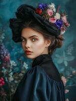 elegante jovem mulher dentro vintage chapéu adornado com colorida flores foto
