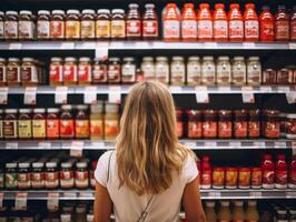 mulher escolhendo mercearias dentro uma supermercado foto