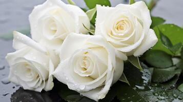 elegante branco rosas com manhã orvalho criando uma tranquilo floral exibição foto