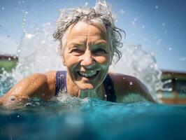 ativo Senior mulher desfrutando aqua em forma classe dentro uma piscina. a conceito do ativo vida dentro velho era foto