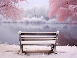 uma Banco de uma lago com neve. calma inverno panorama foto