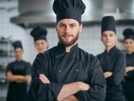 profissional masculino chefe de cozinha dentro Preto uniforme com culinária equipe foto