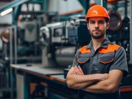 retrato do indústria manutenção engenheiro com laranja capacete dentro oficina foto