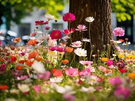 cosmos flores de uma arborizada rua, Misturando natureza e urbano vida foto