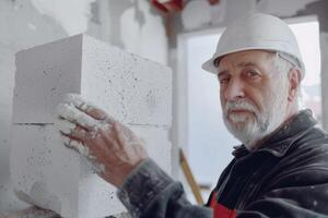 especializado trabalhadores Construir energia eficiente casa com branco gás silicato blocos. foto