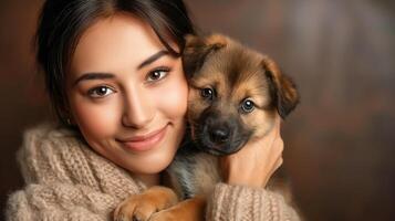 adorável Novo Adição, feliz jovem mulher segurando dela fofa adotado filhote de cachorro, foto