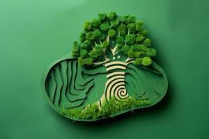 mão dentro árvore forma fez do a papel Cortar fora em uma verde fundo. ecologia conceito foto