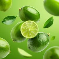 Lima frutas vôo em uma verde fundo foto