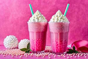 festivo configuração com uma vibrante Rosa bolha chá coroado com açoitado creme e tapioca pérolas. foto