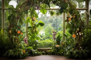 majestoso verde selva tropical Casamento arco decoração cercado de verdejante exuberante folhagem foto