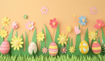 papel cortar ilustração do colorida papel arte Páscoa coelho, grama, flores e ovo forma foto