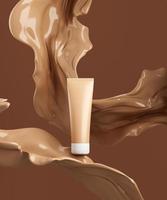 cena monocolor para apresentação de produto cosmético bb-creme. frasco cosmético em fundo abstrato de pedestal de cor nude. 3d render foto