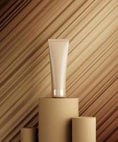 cena monocolor para apresentação de produto cosmético bb-creme. frasco cosmético em fundo abstrato de pedestal de cor nude. 3d render
