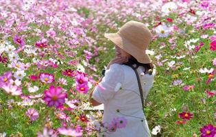 jovem com chapéu de palha e vestido branco andando no campo de flores do cosmos no verão foto