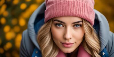 uma mulher com grandes Loiras cabelo e uma Rosa chapéu é sorridente foto