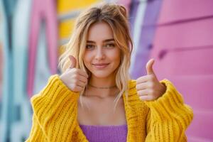 mulher com Loiras cabelo e amarelo suéter dá polegares acima foto