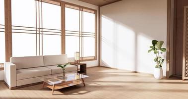 o design de interiores de madeira, sala de estar moderna zen em estilo japonês. Renderização 3D foto
