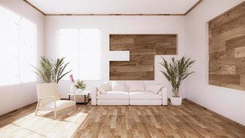 uma sala de estar com um sofá em um estilo minimalista sala branca em estilo tropical com piso de madeira foto