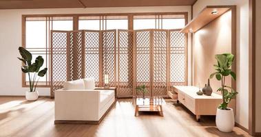 o design de interiores de madeira, sala de estar moderna zen em estilo japonês. Renderização 3D foto