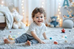sorridente criança pequena desfrutando hora de brincar em suave tapete no meio brinquedos e cintilante luzes foto