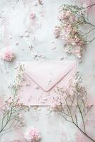 elegante Rosa envelope cercado de delicado flores em uma texturizado branco fundo foto