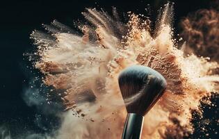 explosivo pó rebentar a partir de uma Maquiagem escova contra uma Sombrio fundo foto