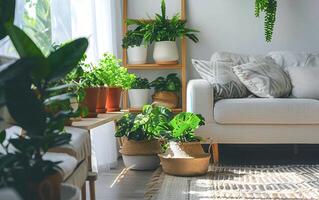 acolhedor vivo quarto banhado dentro natural luz com exuberante interior plantas e moderno mobília foto