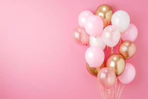 festivo sortimento do Rosa e branco balões com dourado confete em uma brilhante Rosa fundo foto