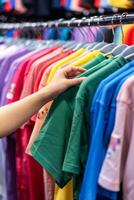 mulher navegando através colorida Camisetas em exibição prateleiras às uma roupas loja foto