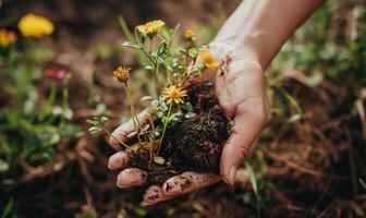 nutrir crescimento mãos plantio jovem plantar dentro fertil solo foto