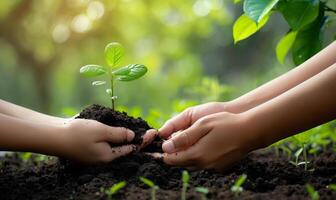 cultivar crescimento mão plantio jovem árvore rebento dentro solo foto