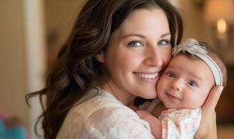 mãe □ Gentil sorrir - recém-nascido bebê menina adornado com uma arco arco de cabelo foto