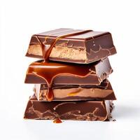 saboroso chocolate Barra Dividido em dois peças delicioso caramelo creme e amendoim dentro de branco fundo foto