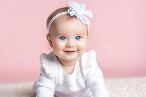 retrato do fofa pequeno bebê menina com grande azul olhos em Rosa fundo. feliz saudável infância conceito. foto