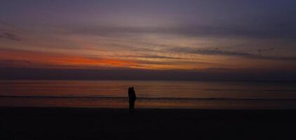 silhueta Sombrio mãe segurando bebê em a de praia com pôr do sol natureza costa panorama verão foto