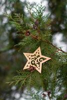 de madeira brinquedo para a Natal árvore dentro a Formato do uma estrela. alegre Natal foto