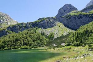 trnovacko lago dentro Montenegro. lago cercado de montanhas. caminhada vida. viagem e aventureiro. acampamento de a lago. cênico e lindo visualizar. foto