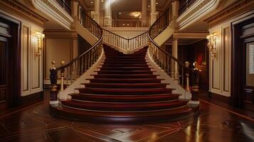 majestoso Escadaria dentro opulento histórico Palácio Entrada corredor com ornamentado arquitetônico detalhes e elegante iluminação luminárias foto