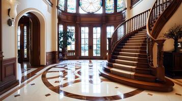 magnífico com piso de mármore vestíbulo com ornamentado de madeira Escadaria e arqueado janelas dentro luxuoso mansão interior foto