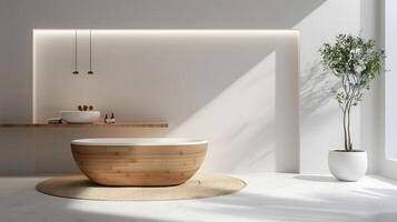 minimalista de madeira banheira dentro brilhante e arejado banheiro configuração com exuberante plantar decoração para relaxamento e bem estar foto