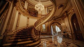 magnífico mármore Escadaria dentro ornamentado Palácio interior com cintilante lustre refletindo em polido chão foto