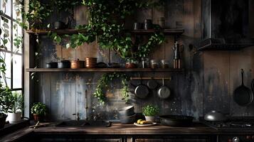 rústico casa de fazenda cozinha com prateleiras preenchidas com vintage utensílios de cozinha e exuberante vegetação acentos foto