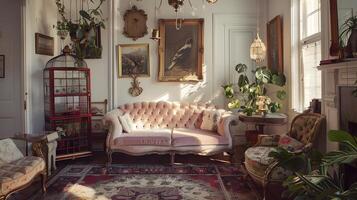meticulosamente curado vintage vivo quarto com opulento mobília e decoração acentos foto