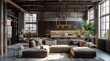 sofisticado urbano loft com convidativo de inspiração industrial interiores e pelúcia mobília foto