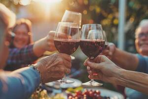 feliz Senior masculino e fêmea amigos brindar vinho durante jantar festa dentro quintal foto