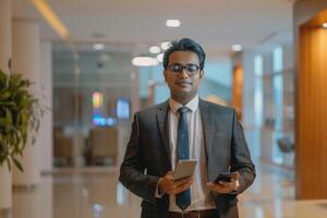 indiano homem de negocios com Smartphone em pé às a escritório foto